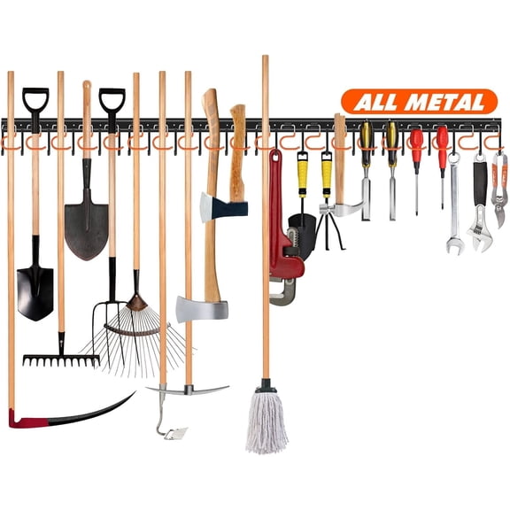 68'' All Metal Garden Tool Organizer Adjustable Garage Tool Organizer Wall Mount Garage Organizers and Storage with Heavy Duty Hooks Tool Hangers for Garage Wall, Shed, Garden