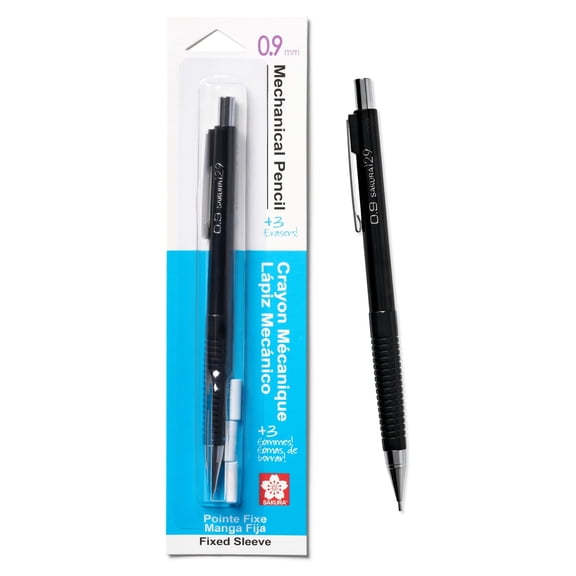 Sakura Mechanical Pencil 0.9 mm - Pencil with 3 Eraser Refills - Fixed Sleeve for Using Rulers and Templates - Black