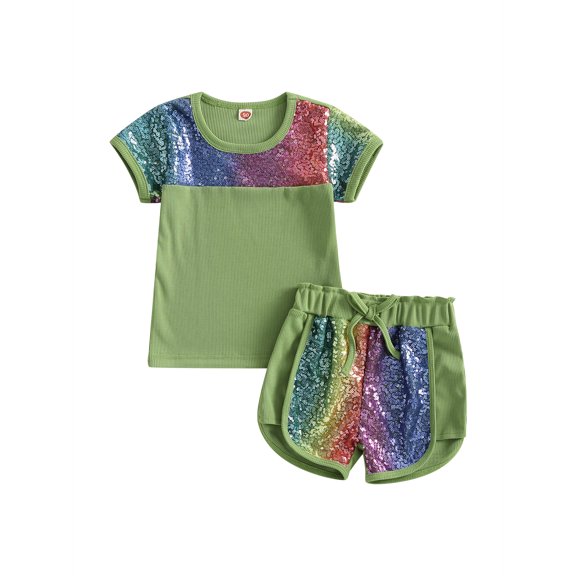 Bagilaanoe 2pcs Little Girls Short Pants Set Sequin Short Sleeve T-Shirt Tops   Shorts 2T 3T 4T 5T 6T 7T Kid Casual Summer Outfits