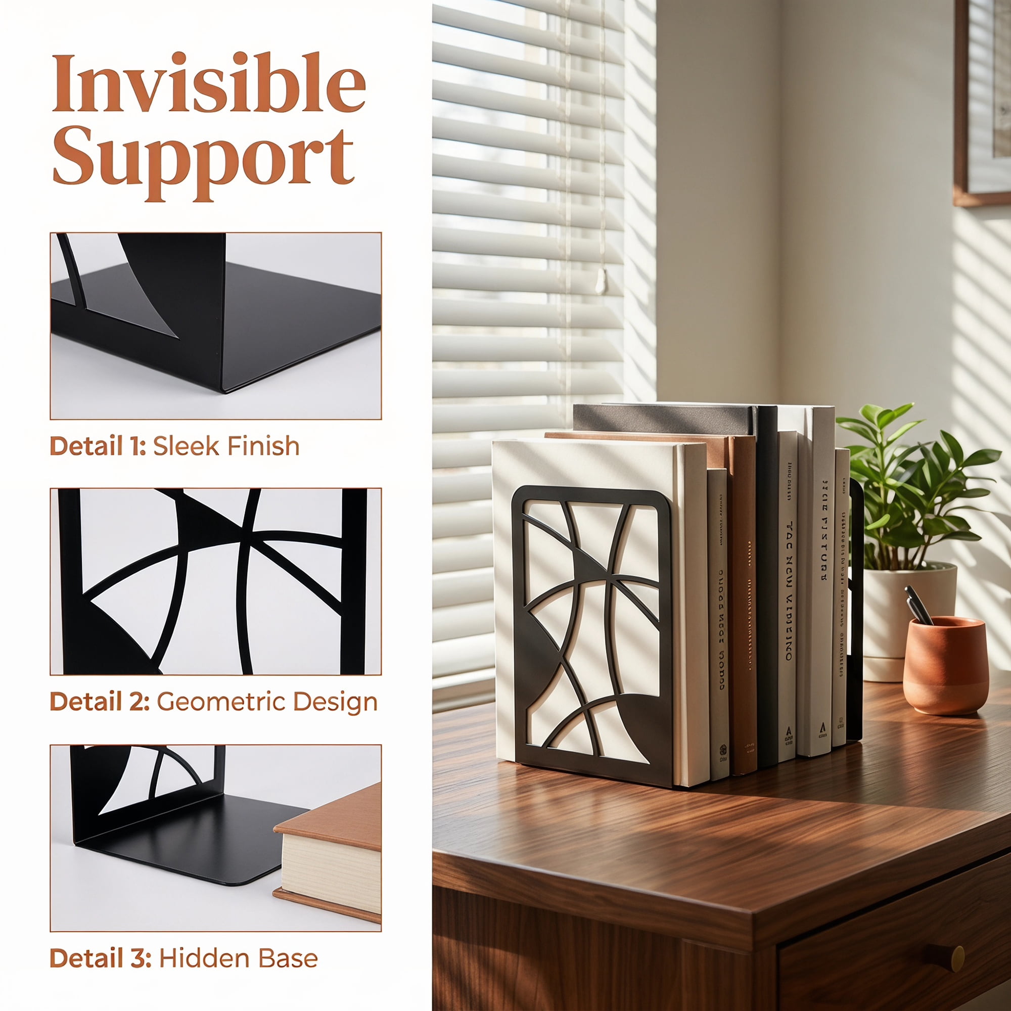 Unique Bargains Geometric Metal Bookends Decorative Book Ends for Shelves Black  Style C 4.7"x3.7"x6.7"
