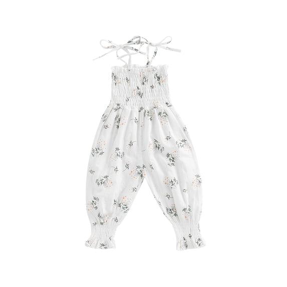 Bagilaanoe Little Girls Summer Jumpsuit Floral Shoulder Straps Tie Ruched Long Romper 1 2 3 4 5 6 Years Girls Sling Long Pants One-Piece Jumpsuit