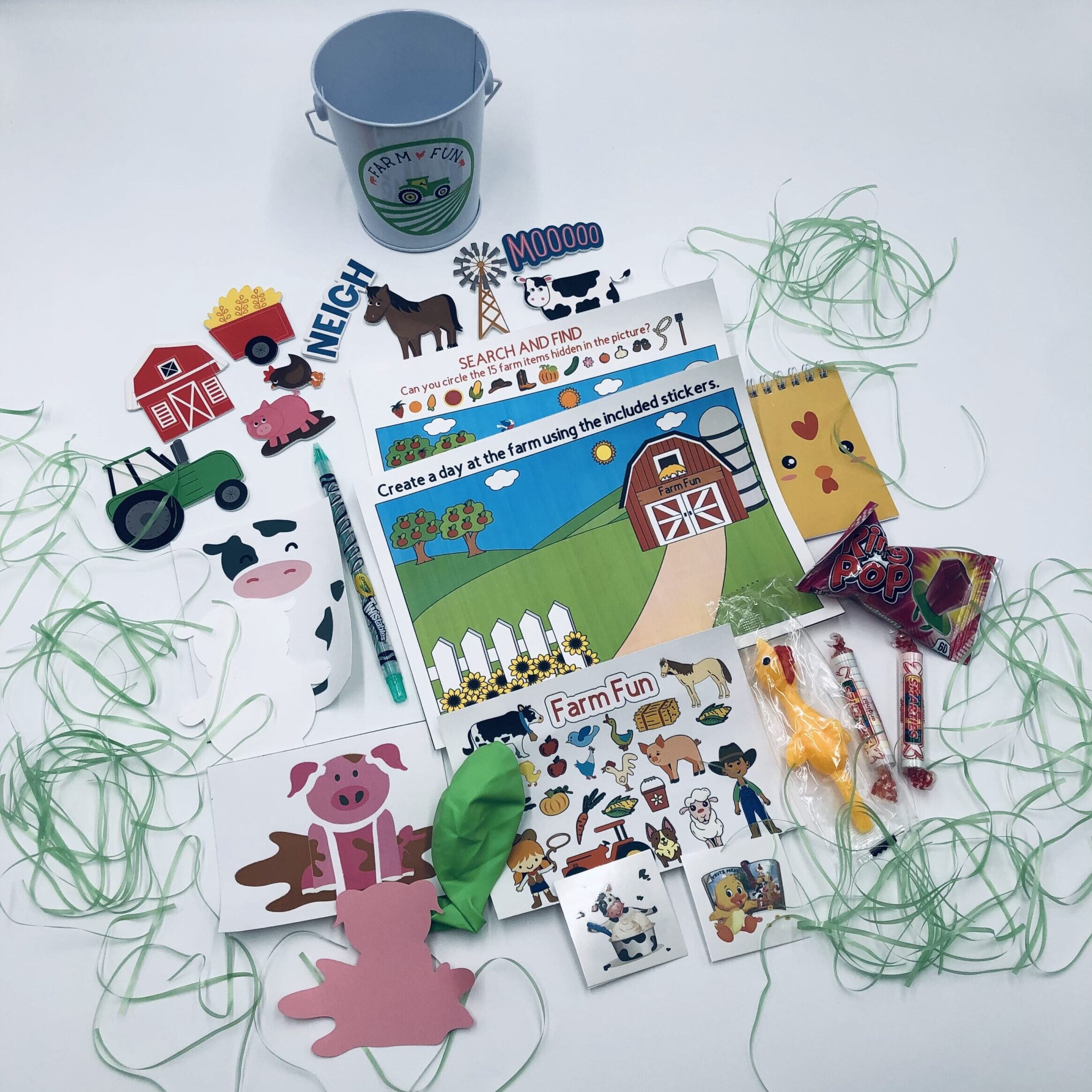 Timeless Desserts Farm Animals Theme Gift Basket for Kids-Book, Birthday Favor, Cow, Pig