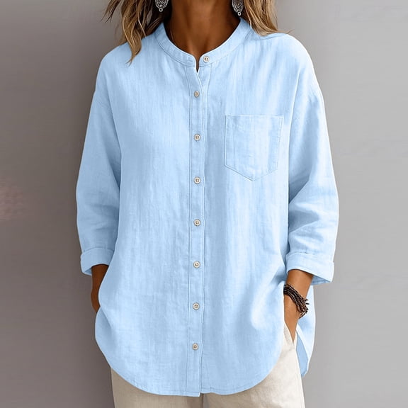 SOOMLON Button up Shirts for Women Plus Size Crew Neck 3/4 Sleeve Cardigan Loose Solid Tunic Top Casual Work Blouse