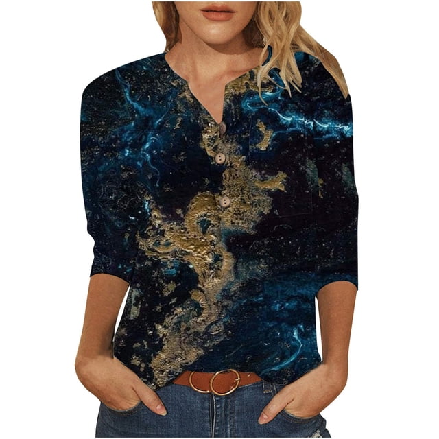 Blusa de manga 3/4 con botones y cuello redondo para mujer Pompotops FGAJ2360