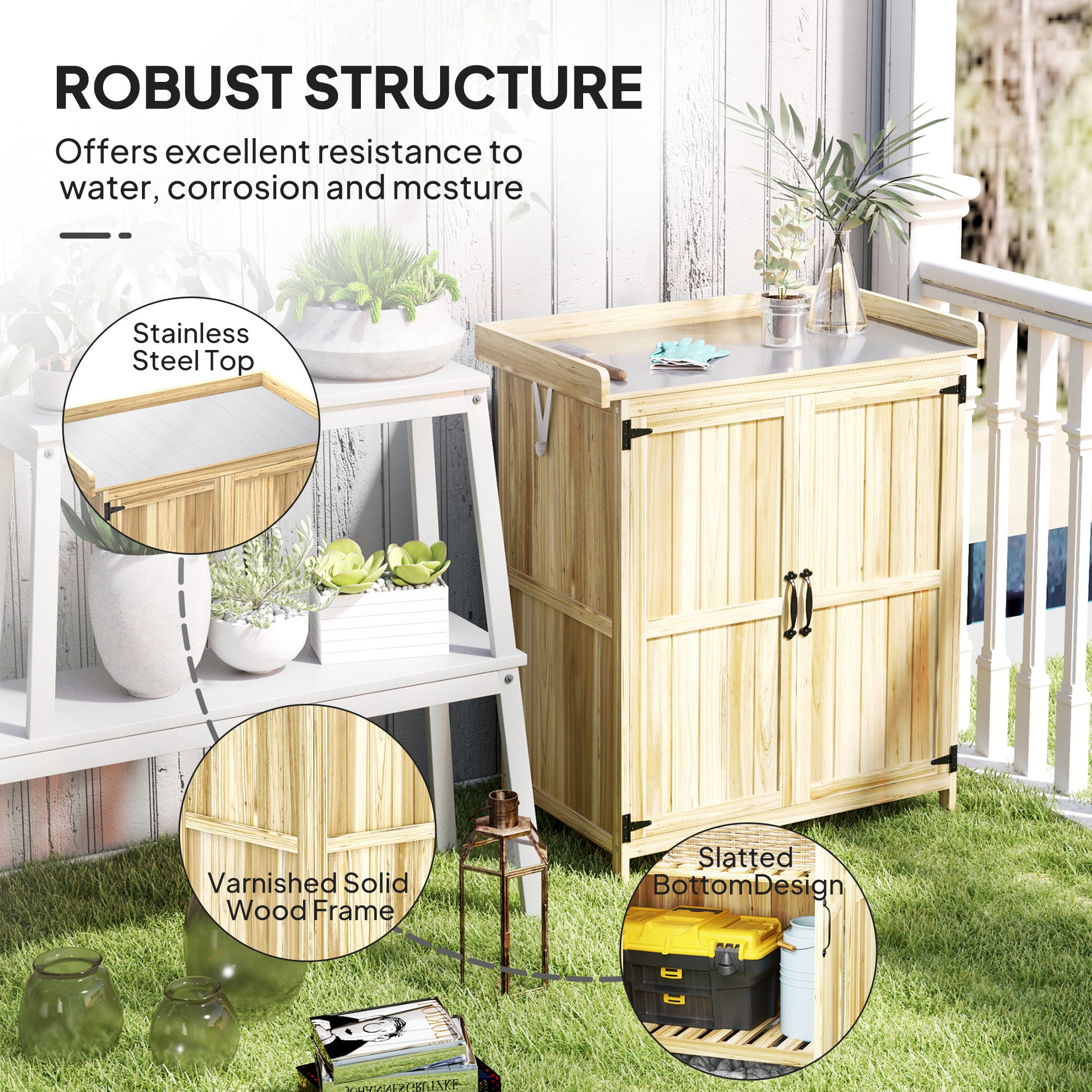 Outsunny Outdoor Garden Shed, Wooden Backyard Shed with Metal Tabletop, Shelf and 2 Doors for Patio, Lawn, Natural Wood