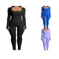 thumbnail image 2 of Women Ribbed Knit Yoga Jumpsuits Square Neck Long Sleeve Bodycon Rompers One-Piece Workout Sports Outfits, 2 of 7