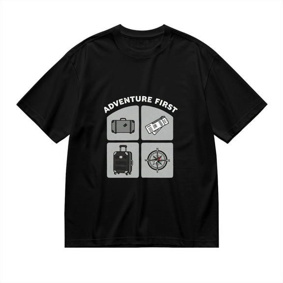 Black T Shirts for Men, Adventure First Travel Icons Graphic Mens Graphic Tees, 24846342,S