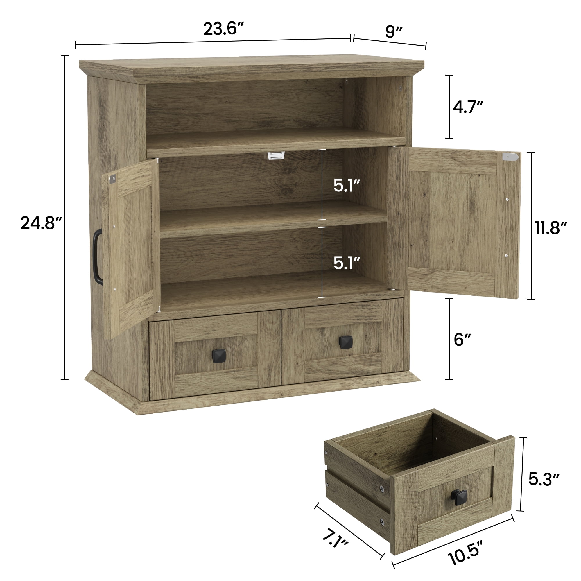 Farmhouse Wall Mounted Bathroom Cabinet with Barn Doors, Over Toilet Storage Cabinet with 2 Drawers and Adjustable Shelves, Rustic Bathroom Storage Organizer, Gray-brown