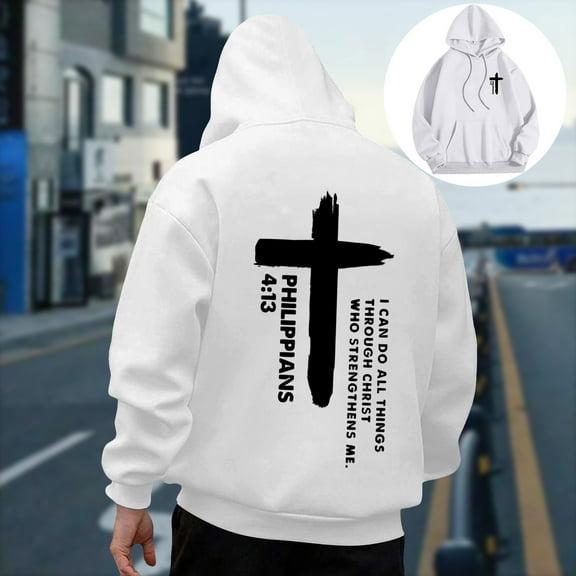 PiGOGI Men's Casual Pullover Hoodie with Pocket Long Sleeve Sweatshirt Fashion Print Hooded Sweatshirt for Daily Wear White XL