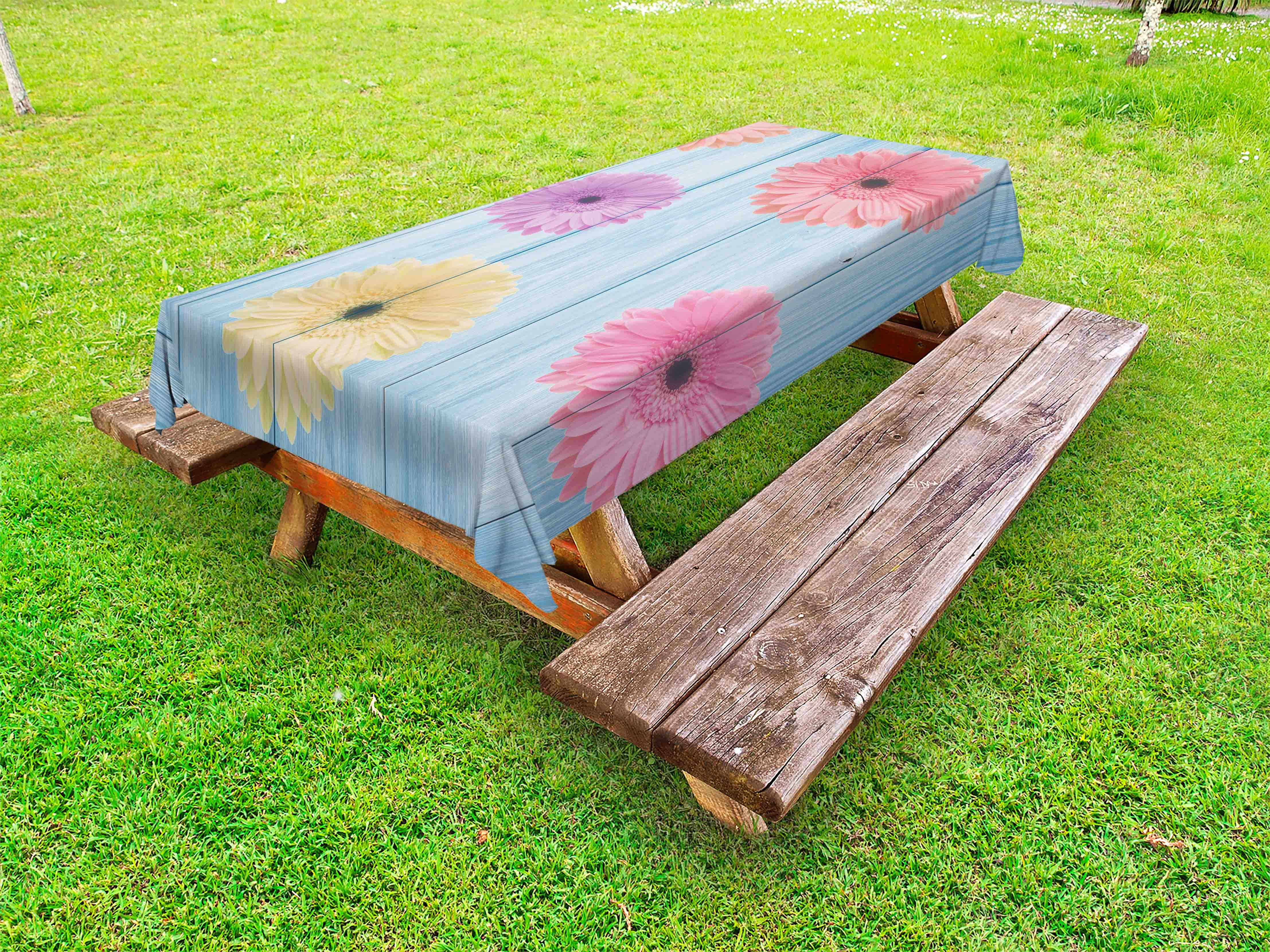 Rustic Outdoor Tablecloth, Calendula Florets Plants Wooden Rustic Board