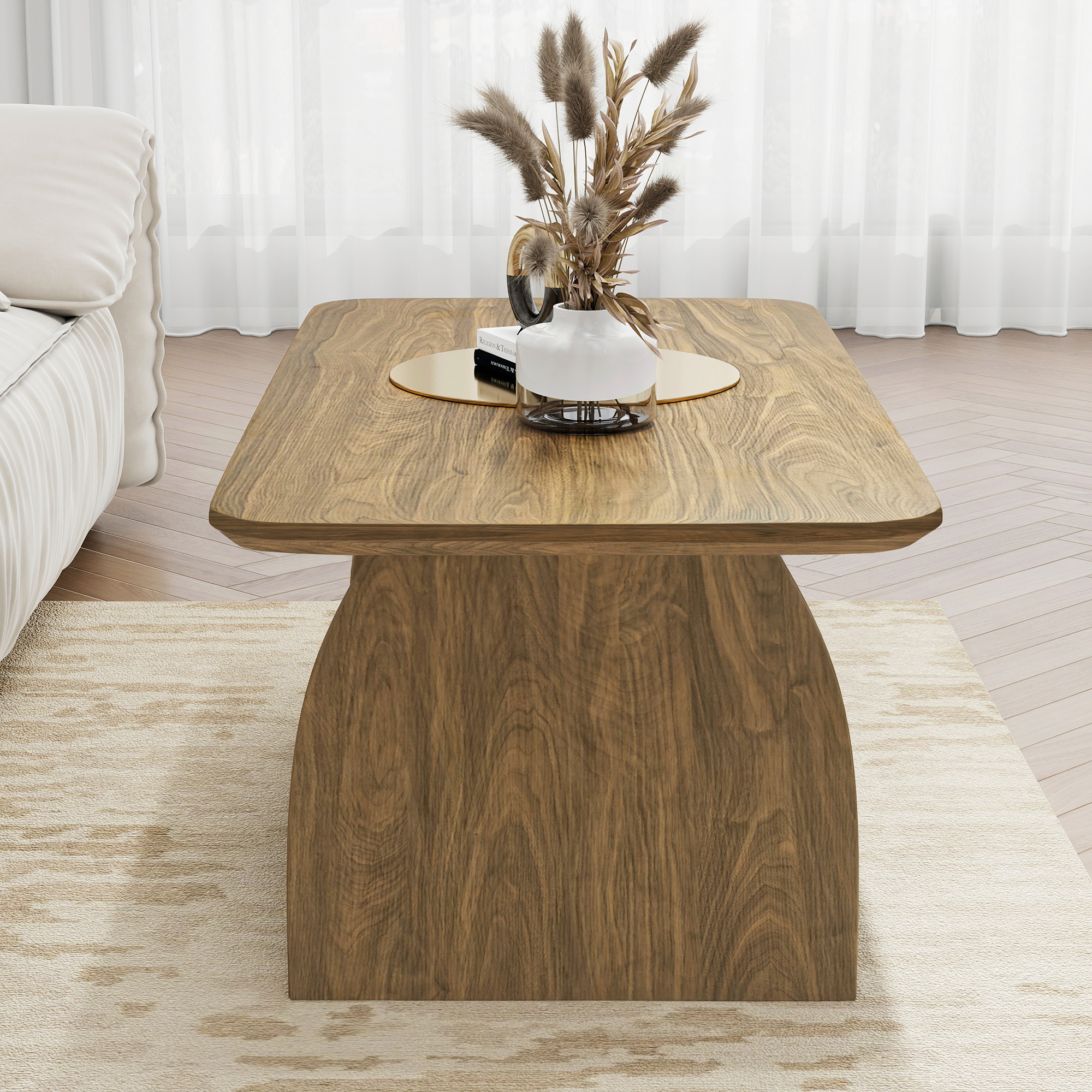 47" Modern Double Layer Rectangular MDF Coffee Table Rounded Corners Storage for Living Room Yellow