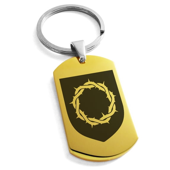 Stainless Steel Crown of Thorns Adversity Coat of Arms Shield Engraved Dog Tag Keychain Keyring