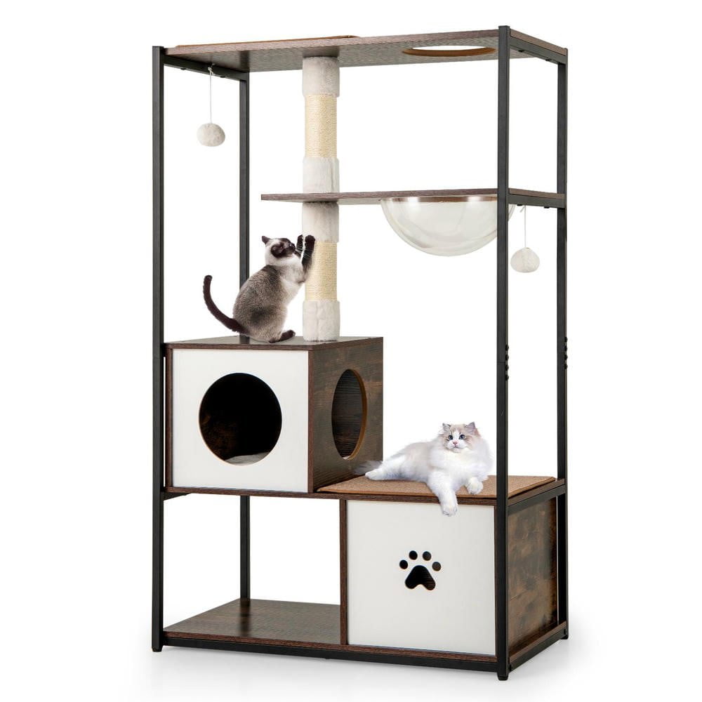 Resenkose 52-Inch Tall Wooden Cat Tree with Sturdy Metal Frame 2 Cozy Condos and Plush Cushions, Coffee​