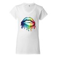 thumbnail image 2 of Wild Bobby, Colorful Neon Rainbow Biting Lips, Pop Culture, Women Standard V-Neck Tee, White, Large, 2 of 3