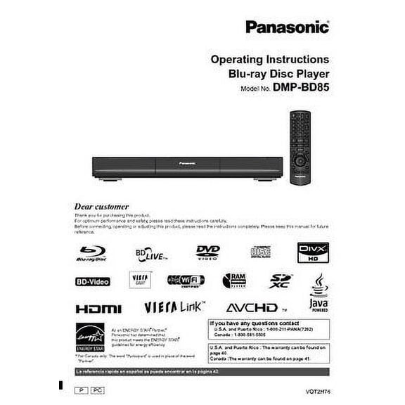 Instruction Manual ONLY for Panasonic DMP-BD85 Blu-ray Player Owners Instruction Manual REPRINT