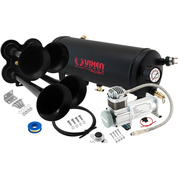 Vixen Horns Train Horn Kit for Trucks/Car/Semi. Complete Onboard System- 150psi Air Compressor, 1.5 Gallon Tank, 4 Trumpets. Super Loud dB. Fits Vehicles like Pickup/Jeep/RV/SUV 12v VXO8115/4114B