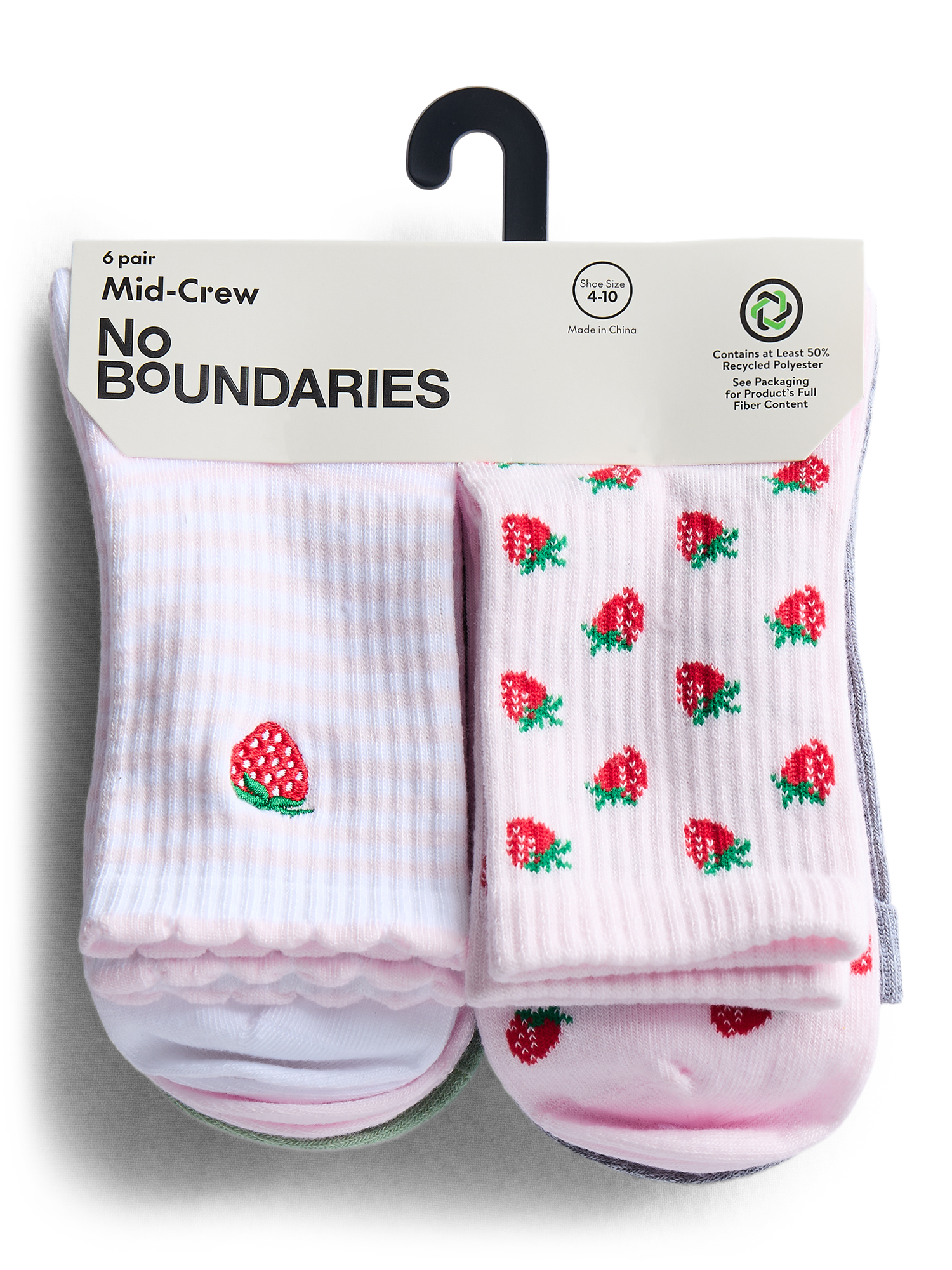 No Boundaries Embroidered Mid Crew Socks, 6-Pack, Women's, Shoe Sizes 4-10