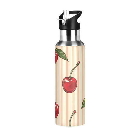 ALAZA Cherry on Striped Water Bottle Insulated Flask Stainless Steel Straw Lid 20 oz