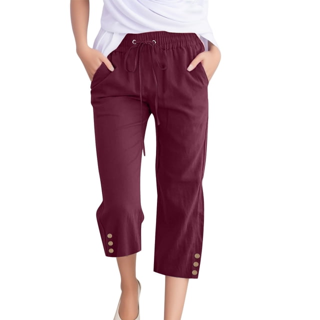 Button Pants For Women Wide Leg Casual Pants With Pockets Lightweight High Waisted Adjustable Tie Knot Loose Trousers Womens Casual Pants Drawstring Sweat Pants Women Casual plus Size Loose Pants for