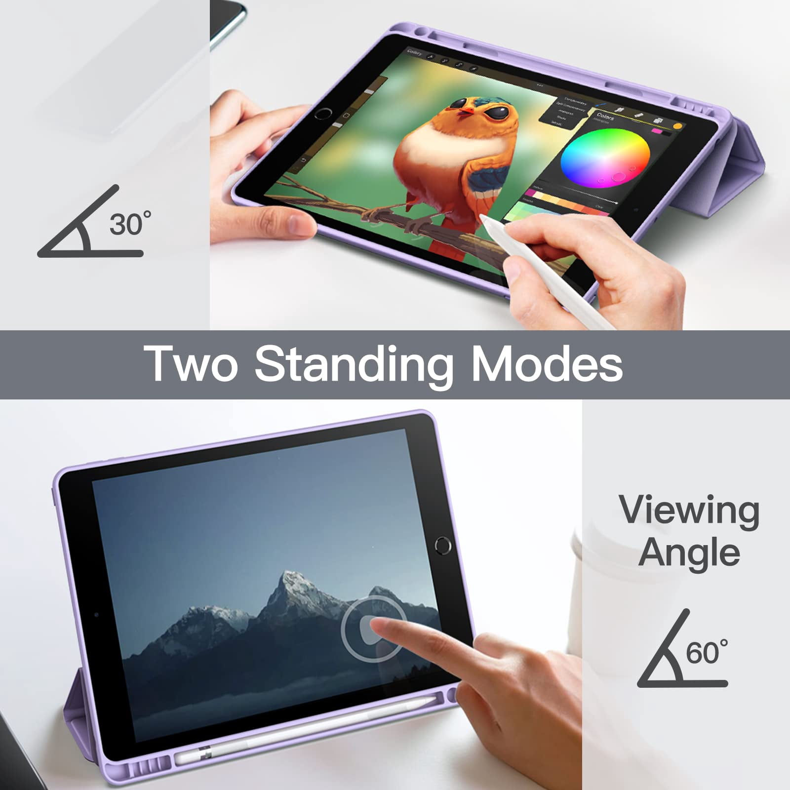 JETech Matte Case for iPad 9/8/7 (10.2-Inch, 2021/2020/2019 Model, 9th/8th/7th Generation) with Pencil Holder, Frosted Translucent Back Slim Stand Protective Tablet Cover (Light Purple)