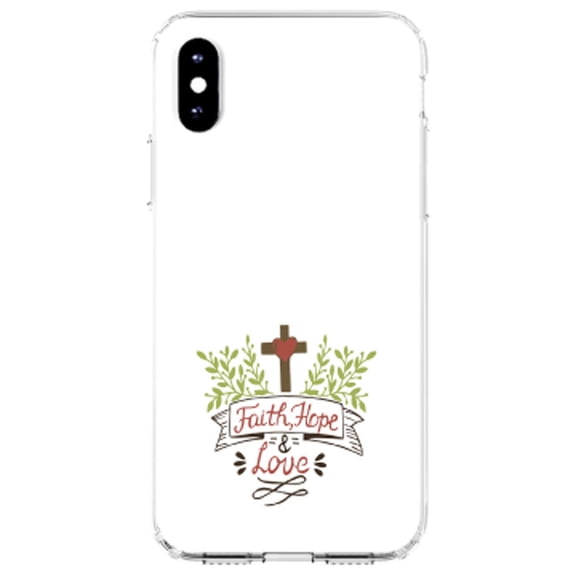 DistinctInk Clear Shockproof Hybrid Case for iPhone XS Max (6.5" Screen) - TPU Bumper, Acrylic Back, Tempered Glass Screen Protector - Faith, Hope & Love - Cross & Leaves