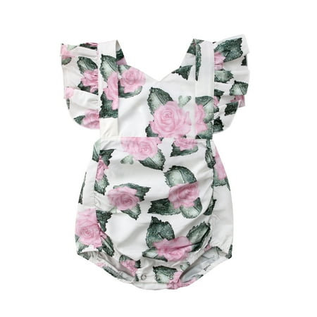 

Newborn Summer Romper Floral Printed Ruffled Fly Sleeve Bandage Short Jumpsuit