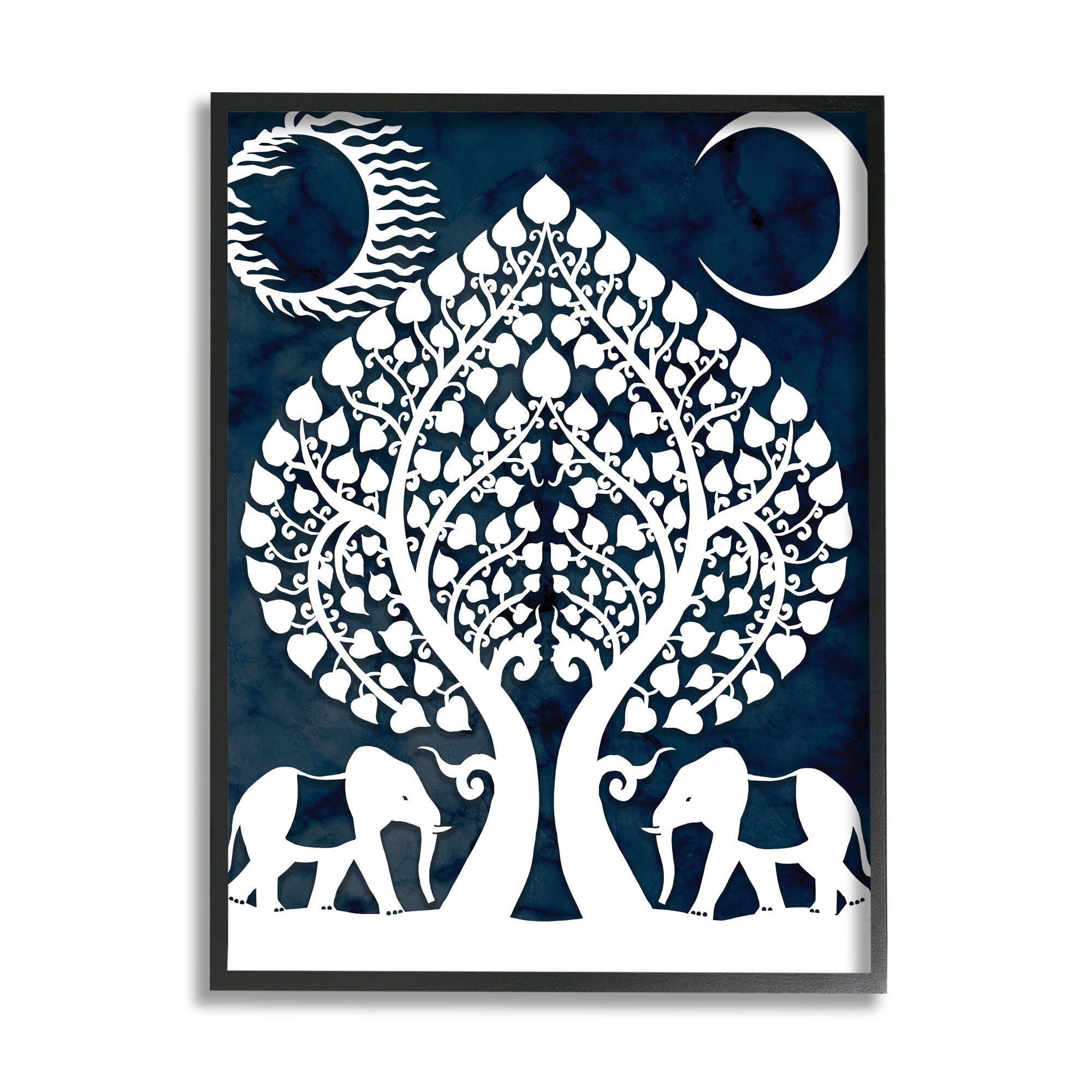 Symmetrical Elephants Marching Under Trees Sun and Moon 24 in x 30 in Framed Painting Art Print, by Stupell Home Décor