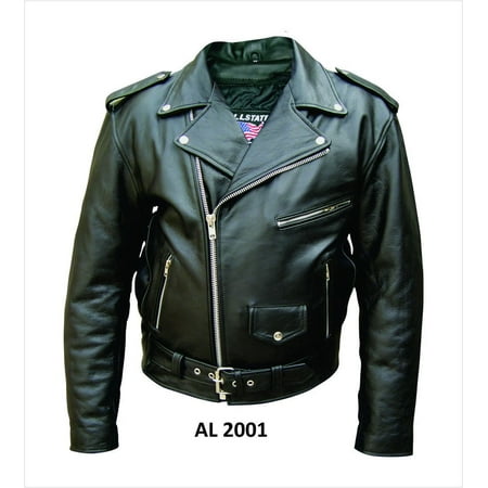 Men'S 46 Size Traditional Motorcycle Cowhide Black Leather pebble textured Belted Biker Jacket With Silver