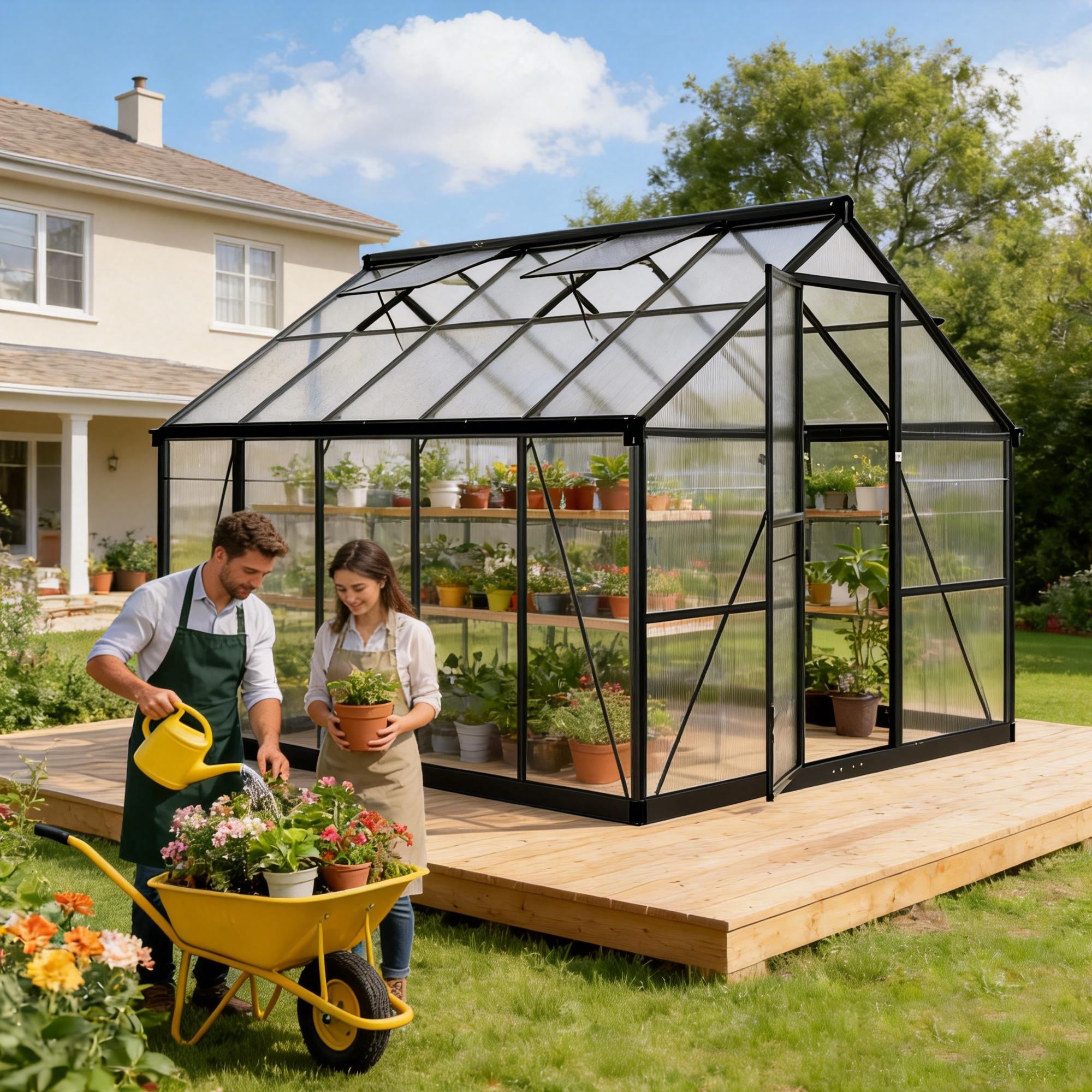 PABIMIA 8x10 FT Polycarbonate Outdoor Greenhouse, Aluminum Walk-in Greenhouse with Roof Vent, Black