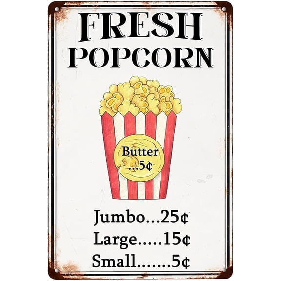 Fresh Popcorn Vintage Metal Sign,Classic Movie Theater Room Decoration Creative Tin Signs Retro Wall Decor for Home Kitchen Office Cafe Farm Yard Man Cave Decor 8x12 Inch