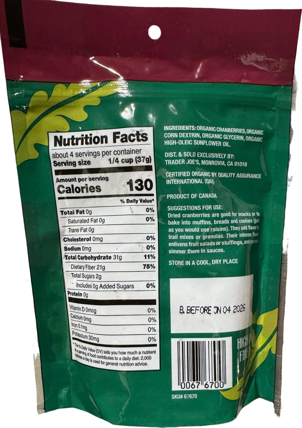 Trader Joe's Organic Dried Cranberries High in Fiber, No Sugar Added, Pack of 1, 5.5oz (156g)