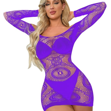 

adviicd Plus Size Fishnets Lingerie for Women Fishnet Halter Chemise Deep V Hot Mesh Mini Dress Bodysuit Purple One Size