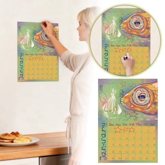 Calendrier Mural Fait Main Exquis avec Illustrations de Poissons Rouges pour la Maison