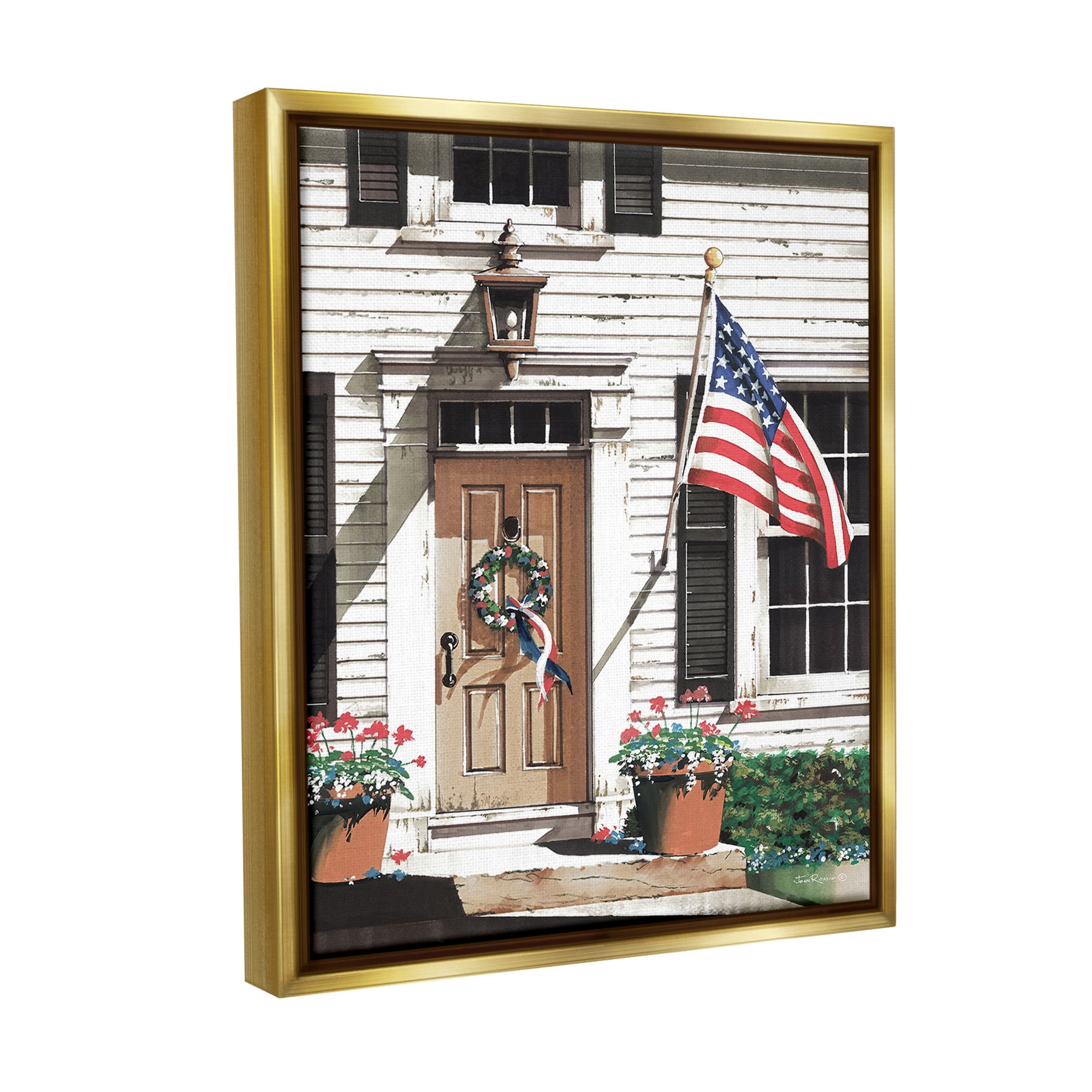 Stupell Industries Country House with Flag Travel & Places Painting Gold Floater Framed Canvas Art Print Wall Art, 25 x 31
