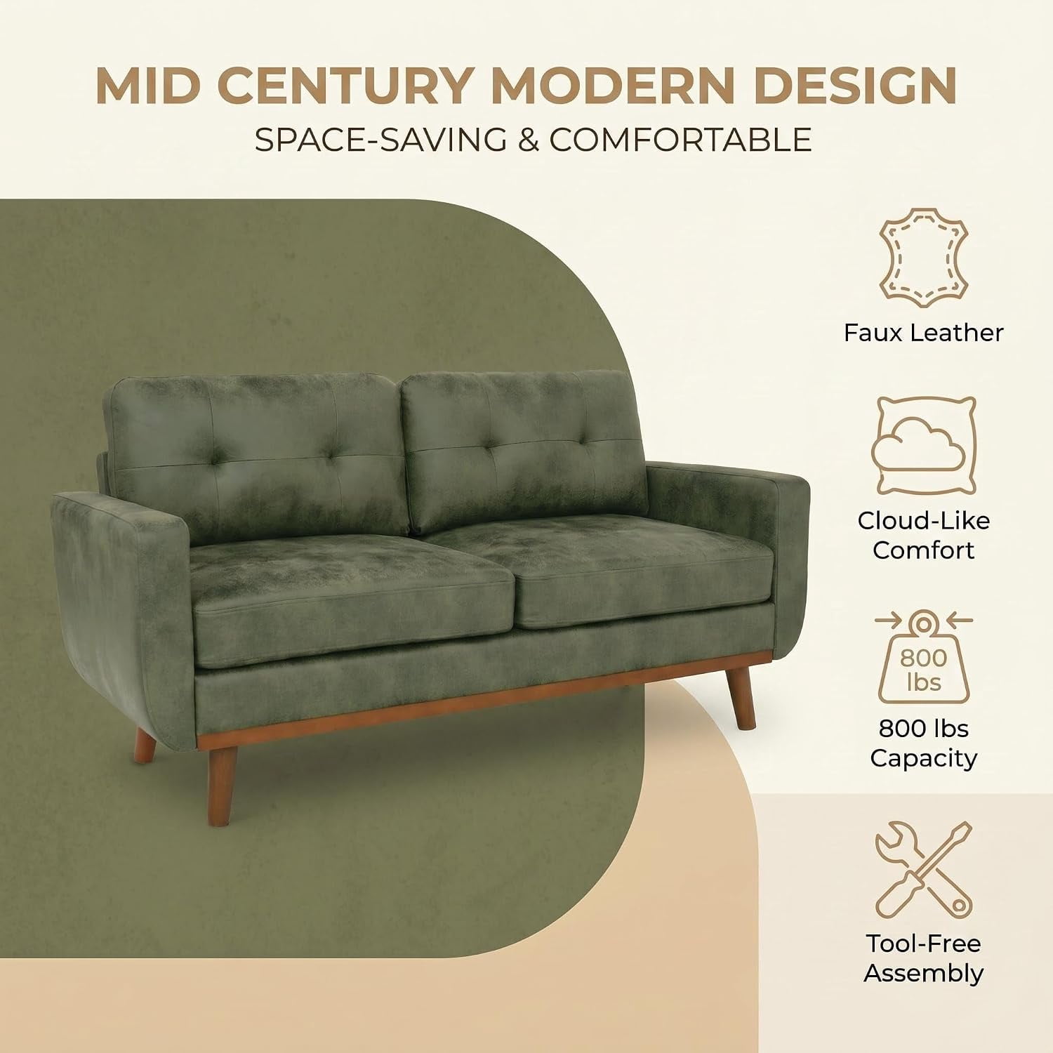 MOONMISS 65" Loveseat Couch, Modern Small Sofa With Walnut Wood Legs 2-seater Fabric Upholstered Mini Sofa Couches For Small Space,living Room Bedroom Office Dorm Apartment,Olive