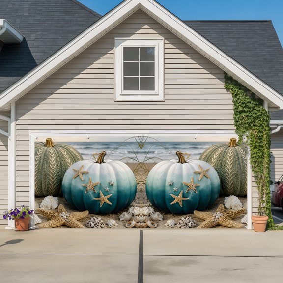 Garage Door Banner Thanksgiving Pumpkin Ocean Starfish Garage Door Banner Cover for Outdoor Indoor, Beach Shell Conch Large Backdrop Banners 6.9x16ft