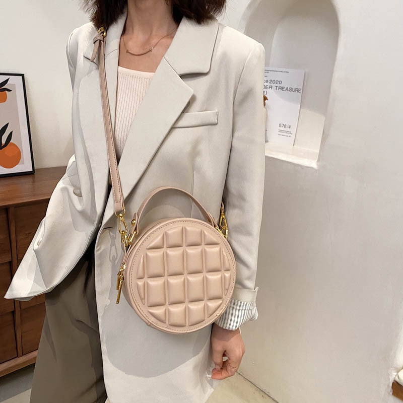 Baguery Quilted Round Crossbody Bag for Women - Faux Leather Compact Shoulder Purse (7.48×2.95×7.48in)