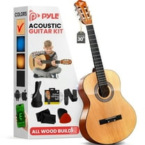 Pyle Beginner Acoustic Guitar Kit, 1/4 Junior Size All Wood Instrument for Students and Adults, 30" Natural Gloss