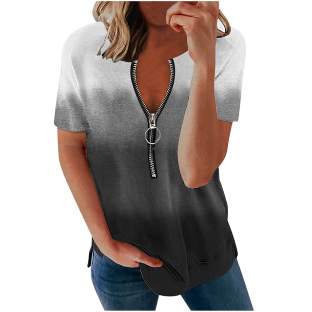 Moda Mujer Casual Cremallera Manga corta Cuello en V Impreso Señoras Tops Blusa Pompotops hkajfhjk464394