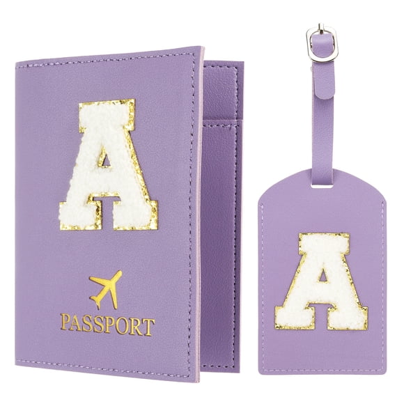 Uxcell Portapasaporte para Viajes, Funda de Pasaporte Inicial y Conjunto de Etiqueta de Equipaje con Parche de Letra Chenille del Alfabeto Púrpura A