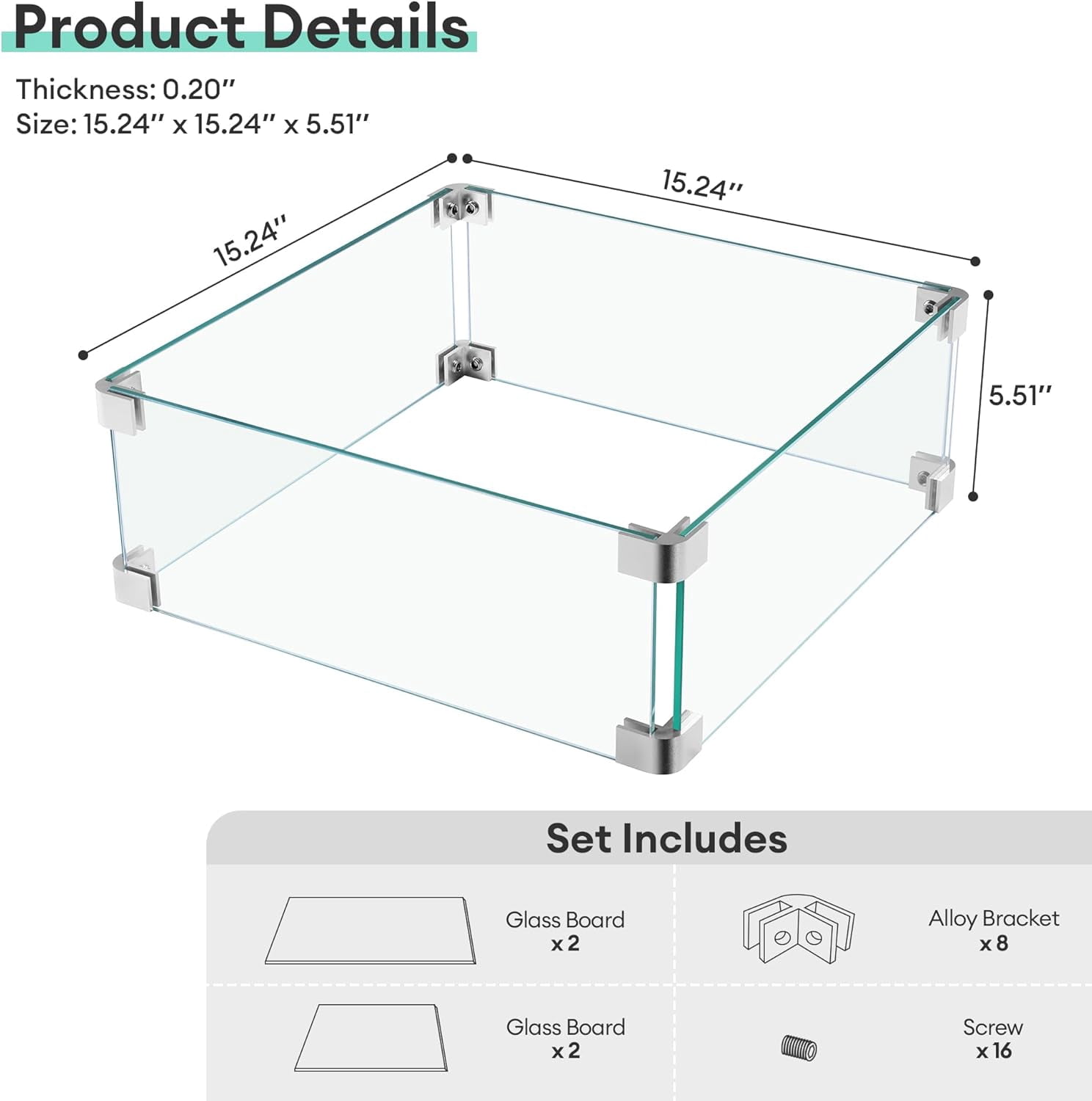 Ovios 15" x 15" x 5.5" Fire Pit Glass Wind Guard for Patio Fire Table
