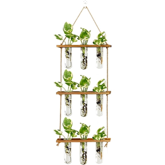 Wall Hanging Propagation Station with Wooden Stand Glass Test Tubes Tiered Planters Wall Terrarium for Home Office Plant Hanger Flower Vases Wall Decor Hydroponic Cuttings (9 Tube Vases)