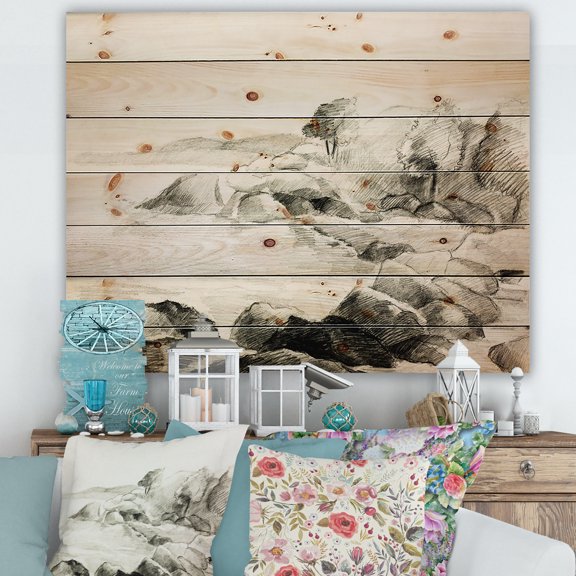 Designart 'Black and White Lake Shore' Nautical & Coastal Print on Natural Pine Wood