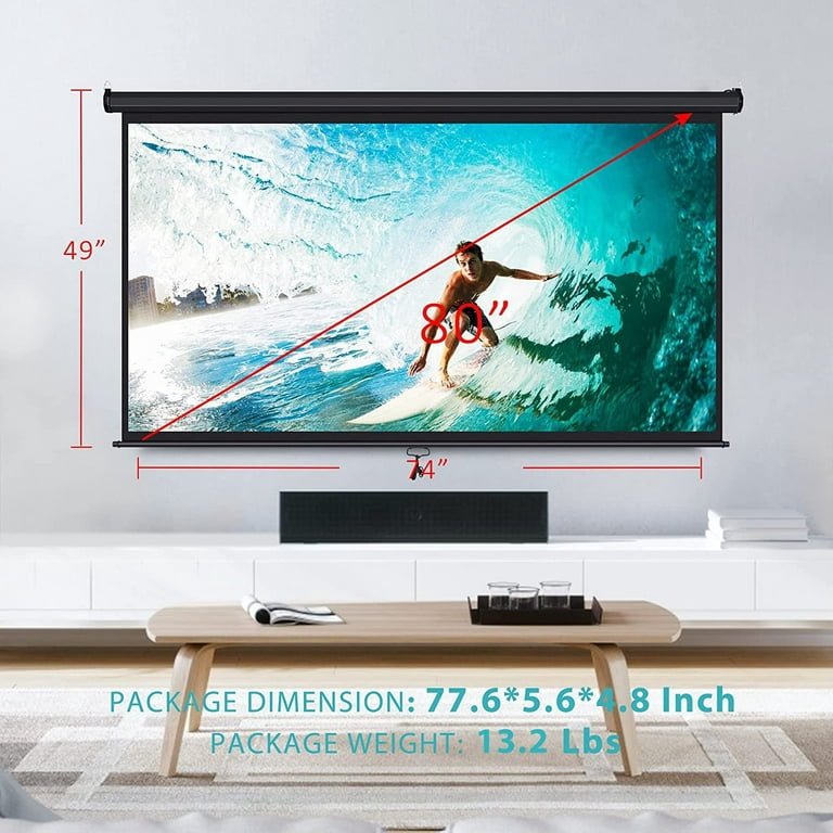VIVOHOME 80 Inch Manual Pull Down Projector Screen, 16:9 HD Retractable  Widescreen Matte for Movie Home Theater Cinema Office Video Game, Steel &  PVC