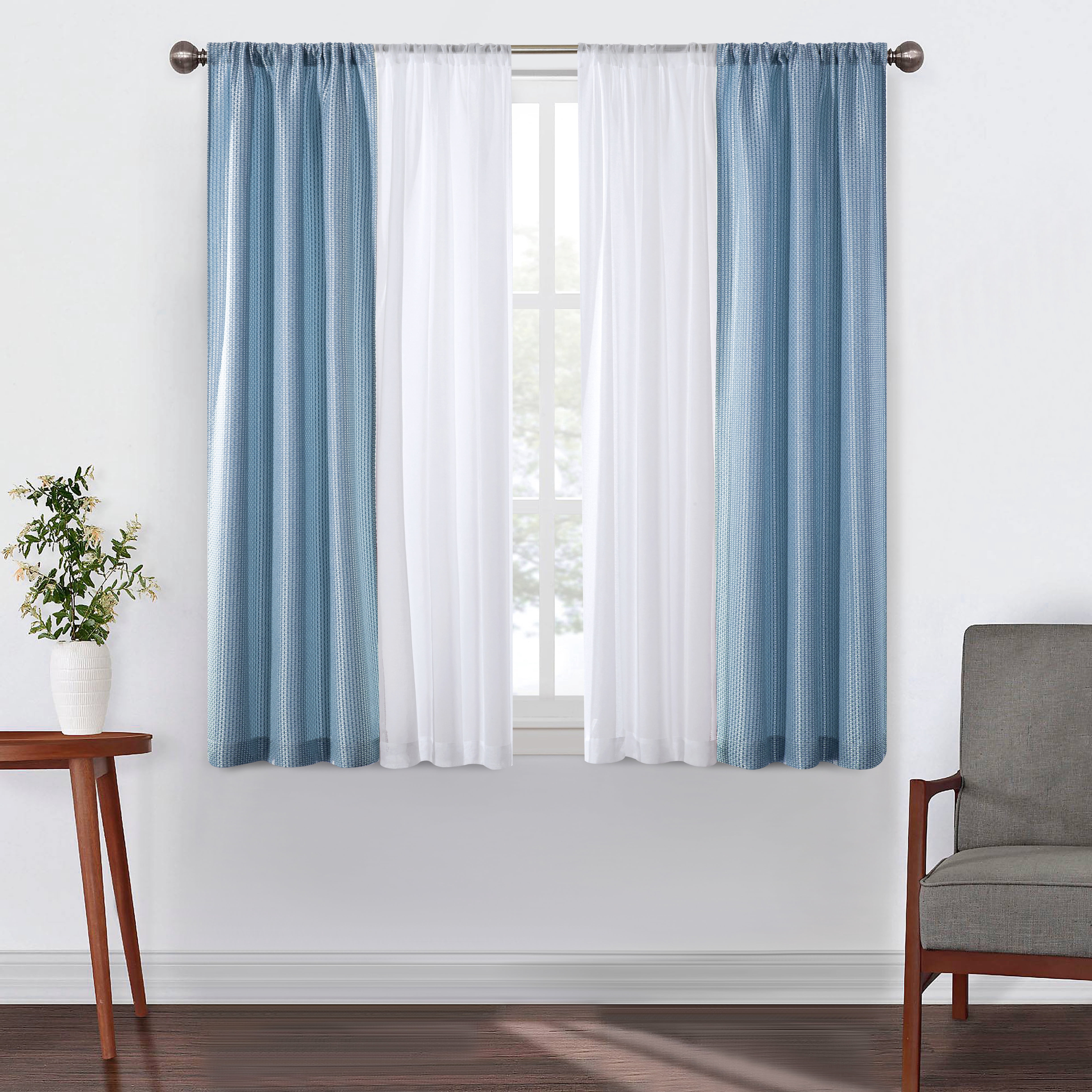 Better Homes & Gardens 4 Piece Light Blue Open Stitch & Solid Curtain & Sheer Panel Set, Light Blue, 74x63