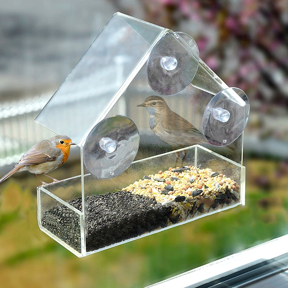 Acrylic Transparent Bird Feeder Tray Birdhouse Ceiling Window Suction Cup Mount 