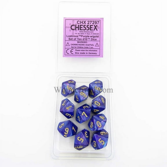Purple Lustrous Dice with Gold Numbers D10 16mm (5/8in) Pack of 10 Dice Chessex