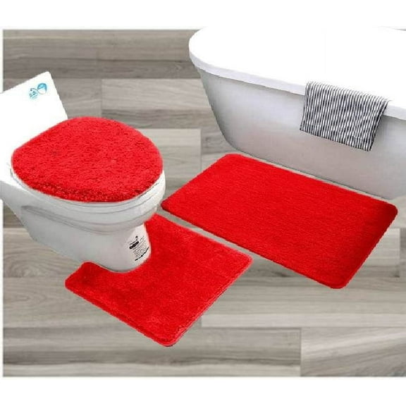 Gorgeous Home LINEN Solid Red Polyester Bath Rug Set, 19" x 30", Anti-Slip Backing (3 Count)