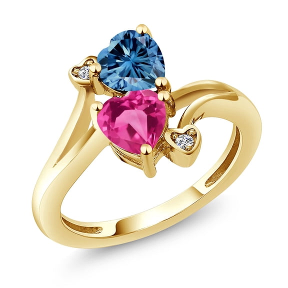 Gem Stone King 18K Yellow Gold Plated Silver Persian Blue Moissanite Pink Created Sapphire and White Moissanite Ring for Women (1.63 Cttw, Heart Shape 6MM, Gemstone Birthstone, Size 8)