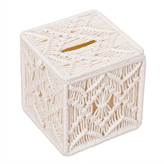 1PCS Handmade Woven Square Tissue Box Cover, Open Bottom Bohemian Macrame Holder for Standard Cube Tissues, Boho Home Decor for Bathroom, Bedroom, Living Room, Office & Dorm